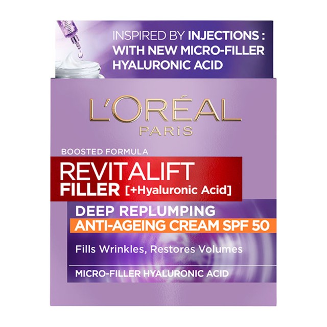 LOreal Revitalift Filler Αντιγηραντική Κρέμα Ημέρας με Yαλουρονικό Oξύ SPF50, 50ml