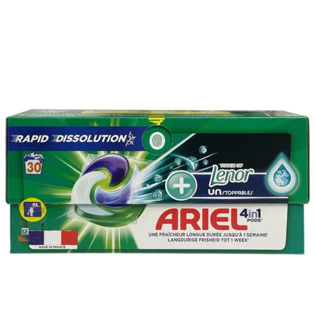 Ariel 4 in 1 Pods +Touch Of Lenor Unstoppables. Κάψουλες Πλυντηρίου Ρούχων, 30τμχ