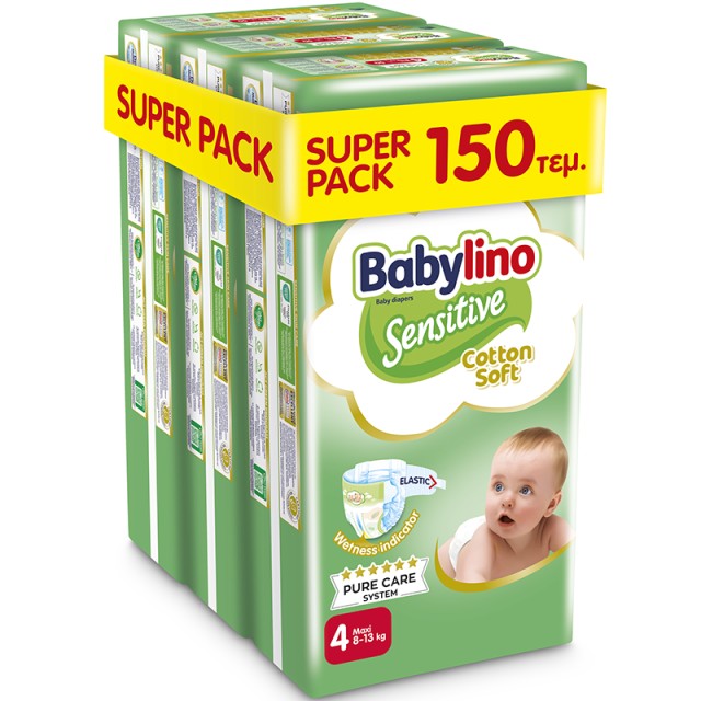 Βρεφική πάνα Babylino Sensitive Cotton Soft No4 8-13 Kg, SUPER PACK (3x50τμχ) 150τμχ