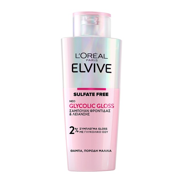 LOreal Paris Elvive Glycolic Gloss Σαμπουάν Φροντίδας & Λείανσης, Χωρίς Θειϊκά Άλατα, 200ml