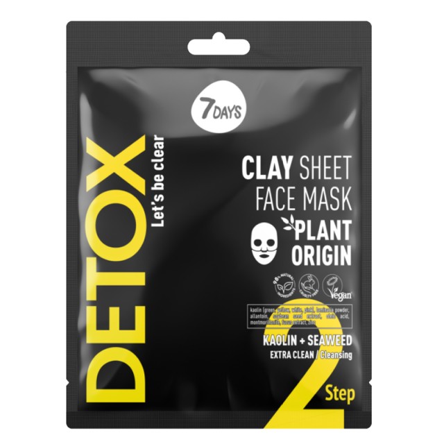 7DAYS Detox Clay Sheet Face Mask AHA (5%) & BHA, Μάσκα Προσώπου για Βαθύ Καθαρισμό, Καταπολέμηση Λιπαρότητας, Step 2, 25gr