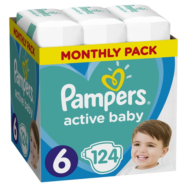 Pampers Active Baby, Πάνες No6 (13-18kg), 124τμχ, MONTHLY PACK