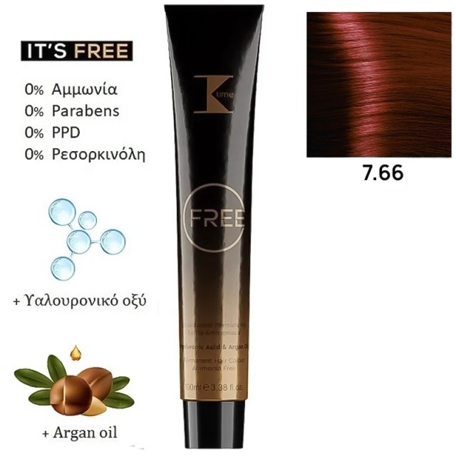 K-Time Free No7.66Ξανθό Κόκκινο Έντονο, Μόνιμη Βαφή Μαλλιών σε Σωληνάριο, Χωρίς Αμμωνία 100ml