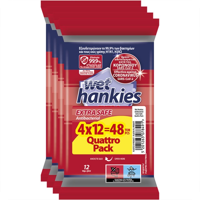 Wet Hankies Antibacterial Extra Safe Αντιβακτηριδιακά μαντήλια χεριών 12 τεμ. (4X12), 48τεμ.