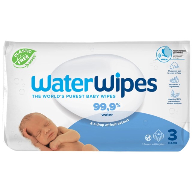 WaterWipes Baby Wipes 0m+, Υποαλλεργικά Μωρομάντηλα με 99.9% Νερό, χωρίς Άρωμα, Οινόπνευμα & Parabenss, 3x48, 144τεμ.