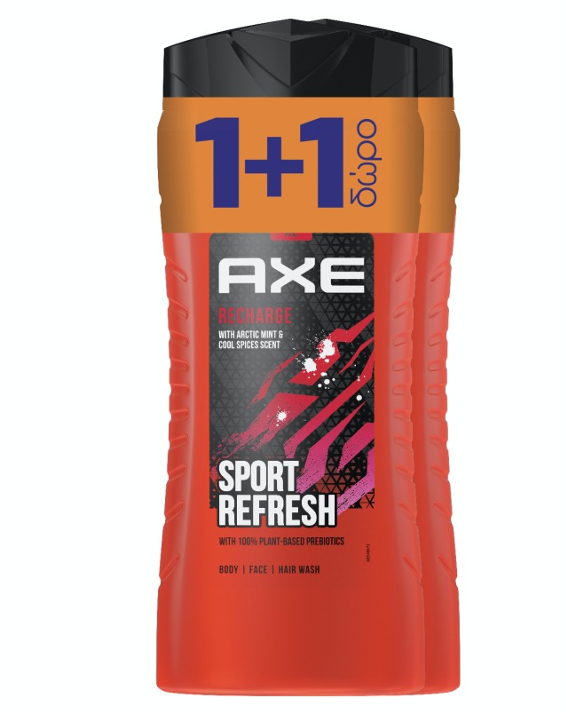 Axe Recharge Sport Refresh 3 in 1 Shower Gel, Αφρόλουτρο 2x400ml, 1+1 ΔΩΡΟ