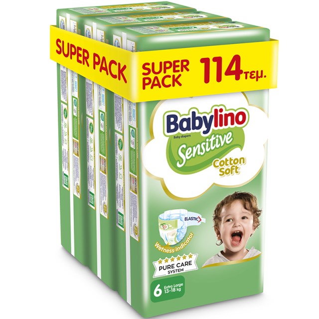 Βρεφική πάνα Babylino Sensitive Cotton Soft No6 13-18 Kg, SUPER PACK (3x38τμχ) 114τμχ