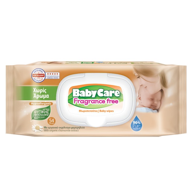 BabyCare Fragrance Free, Υποαλλεργικά Μωρομάντηλα χωρίς Άρωμα με Χαμομήλι και Καπάκι που ξανακλείνει, 54τμχ