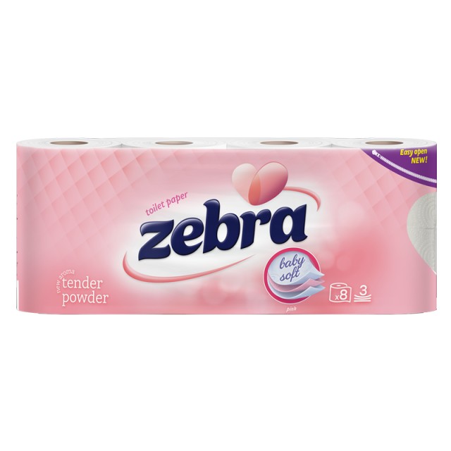 Zebra Pink με απαλό άρωμα Ταλκ, Χαρτί Υγείας  3φυλλο 75γρ, 8τμχ