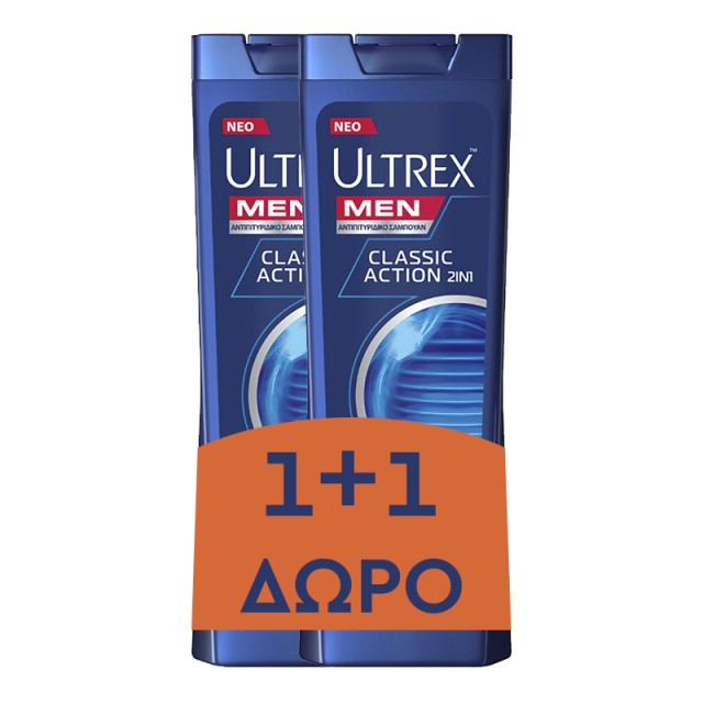 Ultrex Men 2σε1 Classic Action, Αντιπιτυριδικό Σαμπουάν, 2x360ml 1+1 ΔΩΡΟ