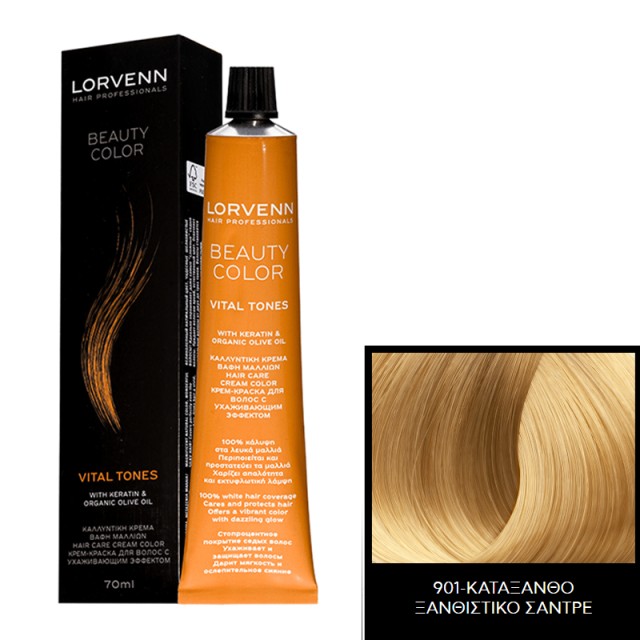 Lorvenn Beauty Color 901- Κατάξανθο Ξανθιστικό Σαντρέ, Μόνιμη Καλλυντική κρέμα Βαφής με Κερατίνη, Οργανικό Λάδι Ελιάς και Βιταμίνη C, 70ml