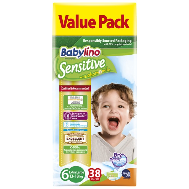 Βρεφική πάνα Babylino Sensitive No6 13-18 Kg Value Pack 38 τμχ