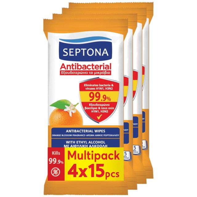 Septona Antibacterial Hand Wipes Aντιβακτηριακά Mαντηλάκια Xεριών Refresh Άνθος Πορτοκάλι, Multi Pack, 4x15τεμ