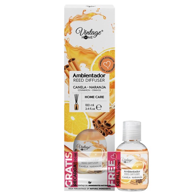 Vintage Home Cinnamon Orange Reed Diffuser, Αρωματικός Διαχυτήρας σε Στικ 100 ml + 50 ml Ανταλλακτικό