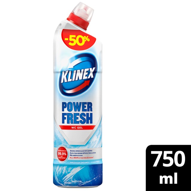 Klinex Wc Gel Power Fresh Φρεσκάδα Ωκεανού, Καθαριστικό Λεκάνης 750ml (-50%)