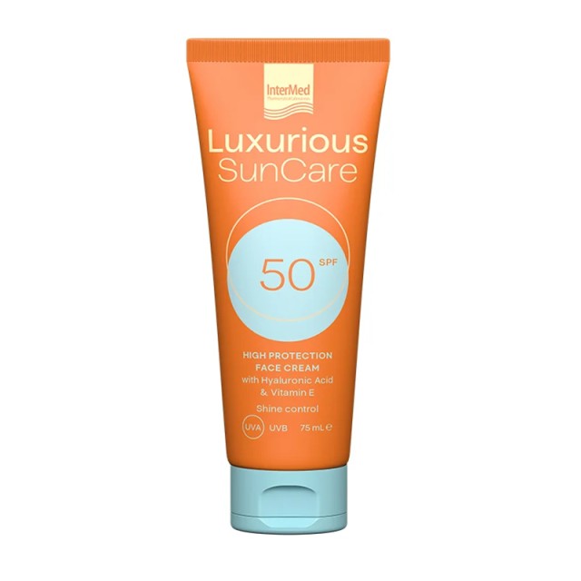 Intermed Luxurious Sun Care Face Cream SPF50+, Αντηλιακή Κρέμα Προσώπου με Υαλουρονικό οξύ & βιταμίνη Ε, 75ml