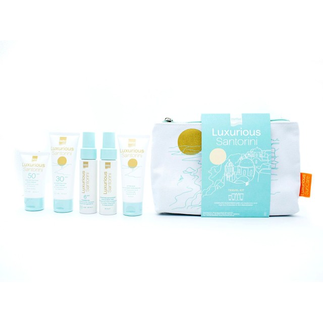 Intermed Luxurious Sun Care Santorini Promo Kit με Αντηλιακό Σώματος SPF30, 75ml, After Sun Τζελ, 75ml, Λάδι Μαυρίσματος SPF6, 50ml, Ενυδατικό Mist Προσώπου & Σώματος, 50ml, Αντηλιακή Κρέμα Προσώπου SPF50, 40ml & Νεσεσέρ, 1σετ