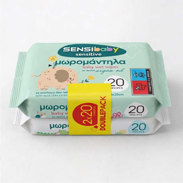 Sensibaby Sensitive Baby Argan Oil, Μωρομάντηλα με Argan Oil, Εκχύλισμα Aloe Vera & Βιταμίνη Ε (2x20τμχ) 40τμχ