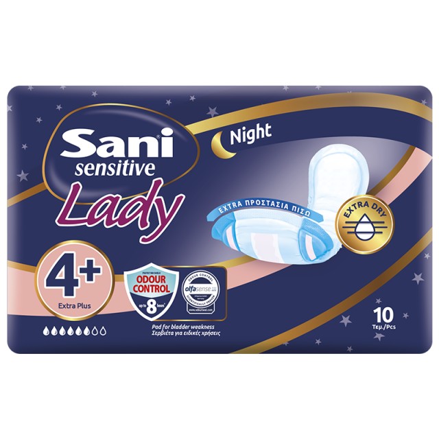 Sani Sensitive Lady Night Extra Plus No4+ Σερβιέτες Ακράτειας, 10τμχ