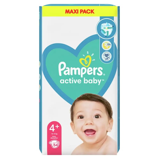 Pampers Active Baby, Βρεφικές Πάνες Νο4+ (10-15kg), 54τμχ, MAXI PACK
