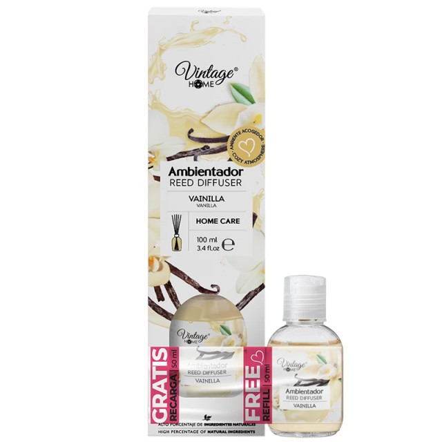 Vintage Home Vanilla Reed Diffuser, Αρωματικός Διαχυτήρας σε Στικ 100 ml + 50 ml Ανταλλακτικό