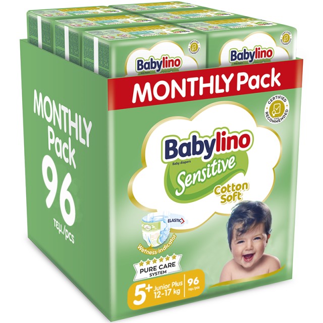 Βρεφική πάνα Babylino Sensitive Cotton Soft No5+ 12-17 Kg Monthly Pack, 96 τεμ.