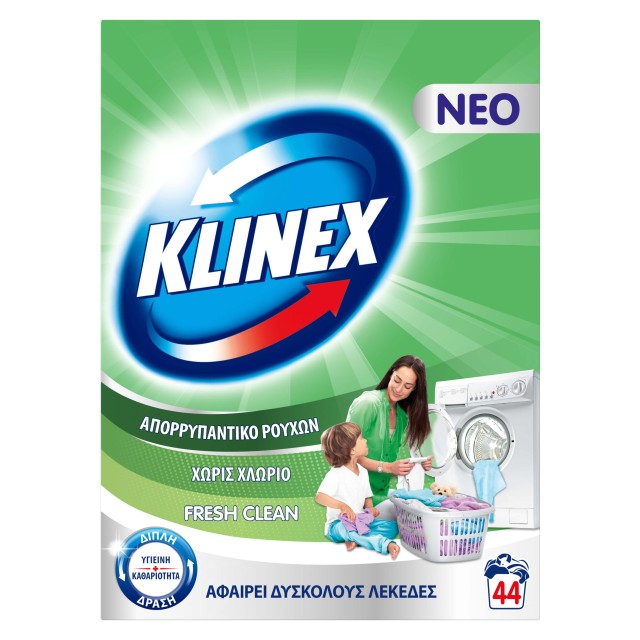 Klinex Fresh Clean χωρίς Χλώριο, Σκόνη Πλυντηρίου Ρούχων, 44μεζ. 2,86kg