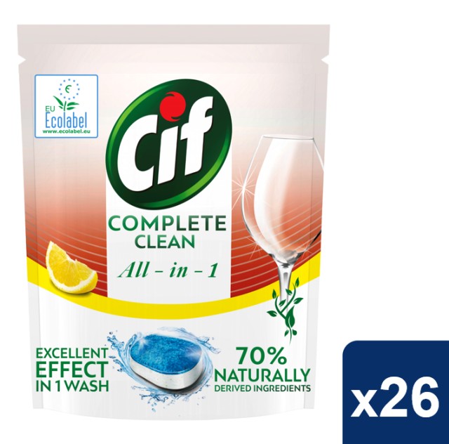 Cif Complete Clean All in 1 Λεμόνι, Ταμπλέτες Πλυντηρίου Πιάτων, 26τμχ