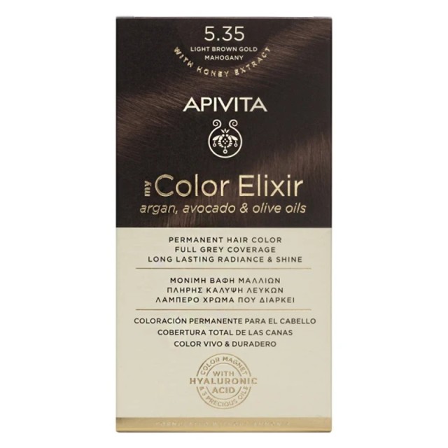 Apivita My Color Elixir Hair Kit, Μόνιμη Βαφή Μαλλιών ΧΩΡΙΣ ΑΜΜΩΝΙΑ - Καστανό Ανοιχτό Περλέ Μαονί 5.35 50ml.
