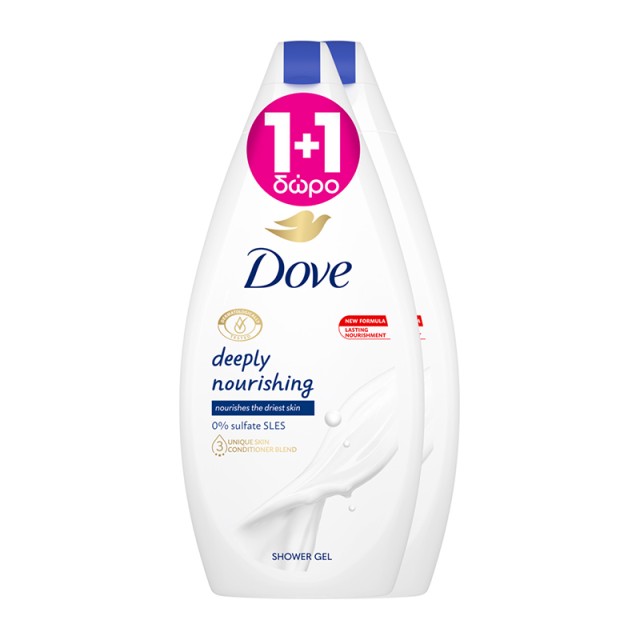 Dove Deeply Nourishing Shower Gel, Ενυδατικό Αφρόλουτρο Εντατικής Θρέψης 2x450ml 1+1ΔΩΡΟ