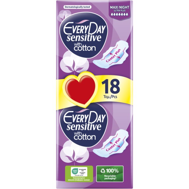 EveryDay Σερβιέτες Sensitive with Cotton MAXI NIGHT Ultra Plus 18 τεμ.