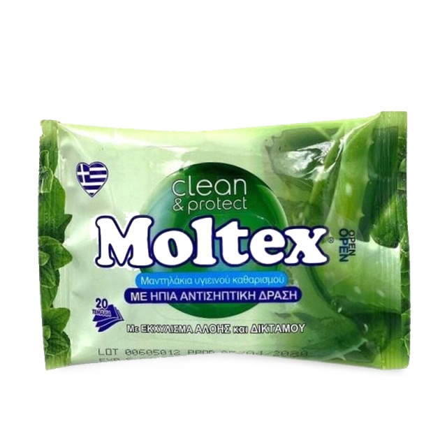 Moltex Αντισηπτικά Μαντηλάκια με Αλόη & Δίκταμο, 20τμχ