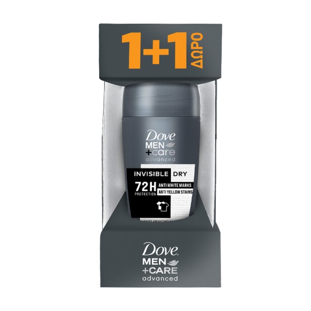 Dove Men+Care Advanced Invisible Dry 72h Protection Anti White Marks, Αποσμητικό Roll on 2x50ml, 1+1 ΔΩΡΟ