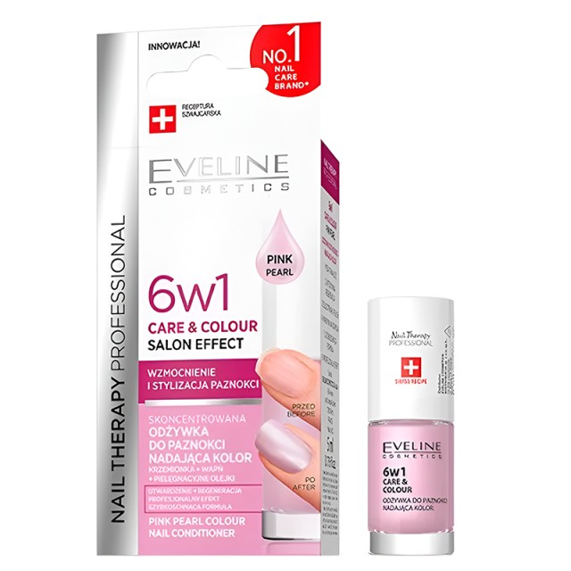 Eveline 6 in 1 Care & Colour Pink Pearl Nail Conditioner 5ml Salon Effect, Ενισχυτικό βερνίκι νυχιών 6 σε 1