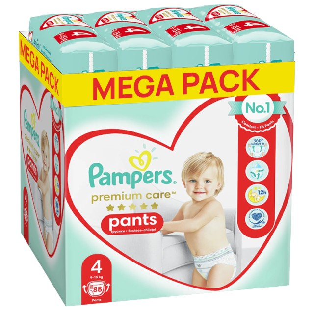 Pampers Premium Care Pants, Πάνες Βρακάκι No4 (9-15kg), (4x22τμχ) 88τμχ MEGA PACK