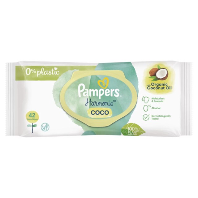 Pampers Harmonie Coco 0% Alcohol, Μωρομάντηλα χωρίς Οινόπνευμα, 42τμχ