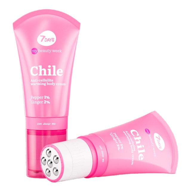 7DAYS Anti-Cellulite Hot Body Cream Chile Hot, Αντικυτταριτιδική Zεστή Kρέμα Σώματος Chile Hot & Ρολό Μασάζ 2 in 1, 130ml