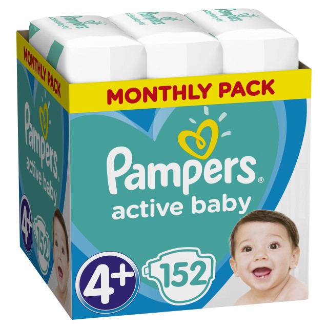 Pampers Active Baby, Βρεφικές Πάνες Νο4+ (10-15kg), 152τμχ, MONTHLY PACK