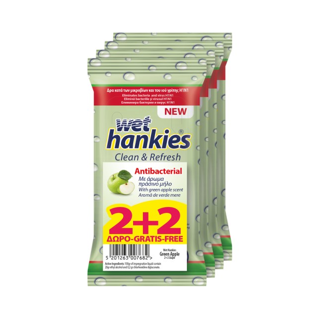 Wet Hankies Antibacterial Green Apple Αντιβακτηριδιακά μαντήλια χεριών 15 τεμ. 2+2 Δώρο