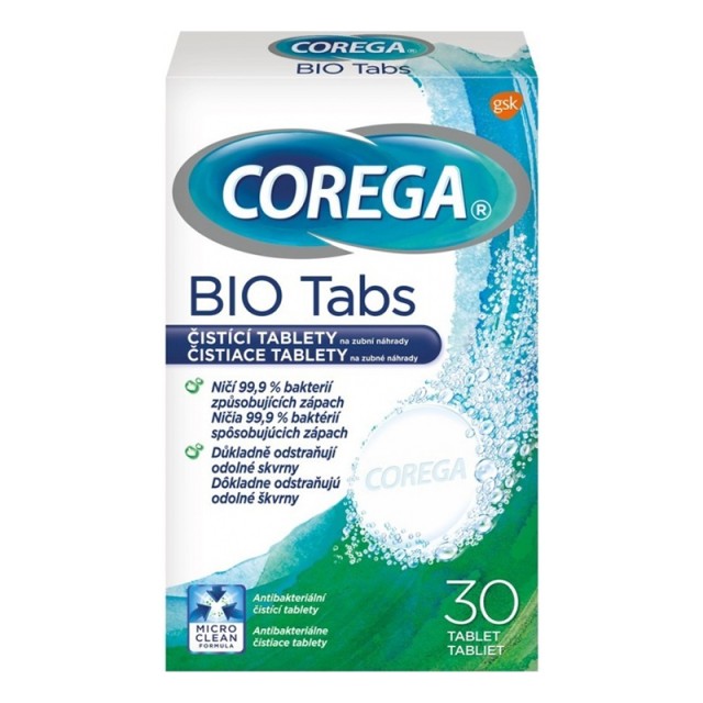 Corega Bio tabs Antibacterial, Δισκία Καθαρισμού Τεχνητών Οδοντοστοιχιών, 30τμχ