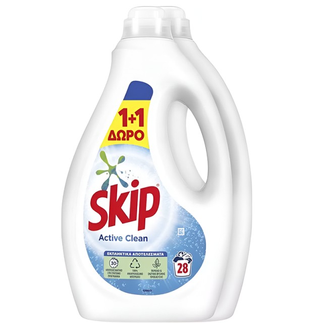 Skip Active Clean Υγρό Απορρυπαντικό Ρούχων 2x28 Μεζούρες, 1+1 ΔΩΡΟ