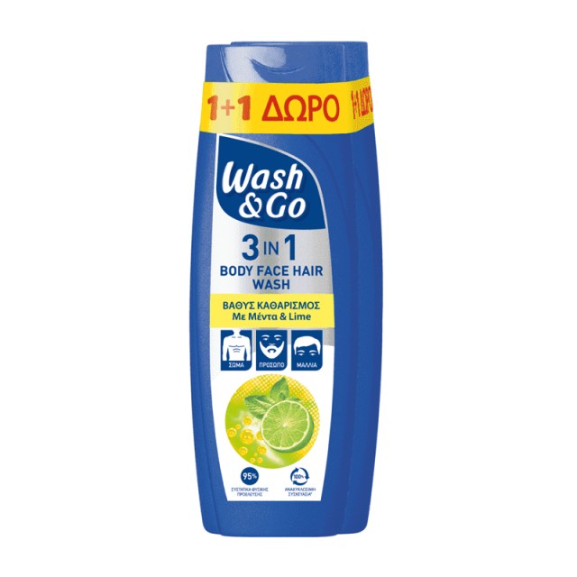 Wash & Go 3in1 Αφρόλουτρο & Σαμπουάν Mint Lime 360ml, 1+1 Δώρο