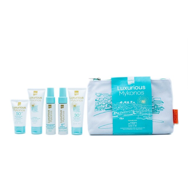 Luxurious Sun Care Mykonos kit, με Αντηλιακό Σώματος SPF30, 75ml, After Sun Τζελ, 75ml, Λάδι Μαυρίσματος SPF6, 50ml, Ενυδατικό Mist Προσώπου & Σώματος, 50ml, Αντηλιακή Κρέμα Προσώπου SPF50, 40ml & Νεσεσέρ, 1σετ