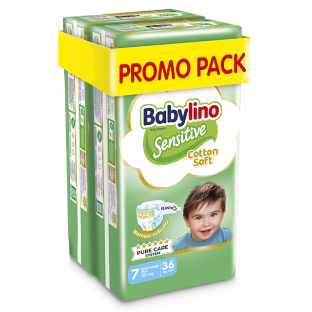 Βρεφική πάνα Babylino Sensitive Cotton Soft No7 15+ Kg, PROMO PACK (2x36τμχ) 72τμχ