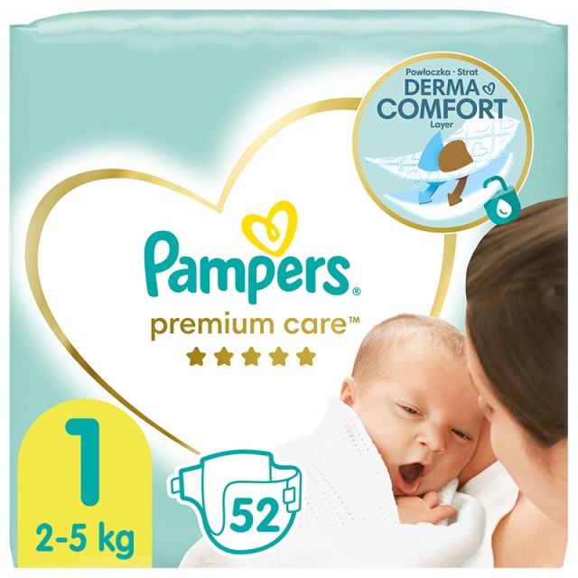 Pampers Premium Care, Βρεφικές Πάνες Νο1 (2kg-5kg), 52τμχ, VALUE PACK