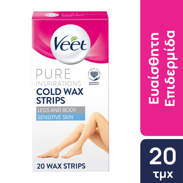 Veet Pure Sensitive Cold Wax Strips, Ταινίες Αποτρίχωσης Σώματος για Ευαίσθητη Επιδερμίδα, 20τμχ