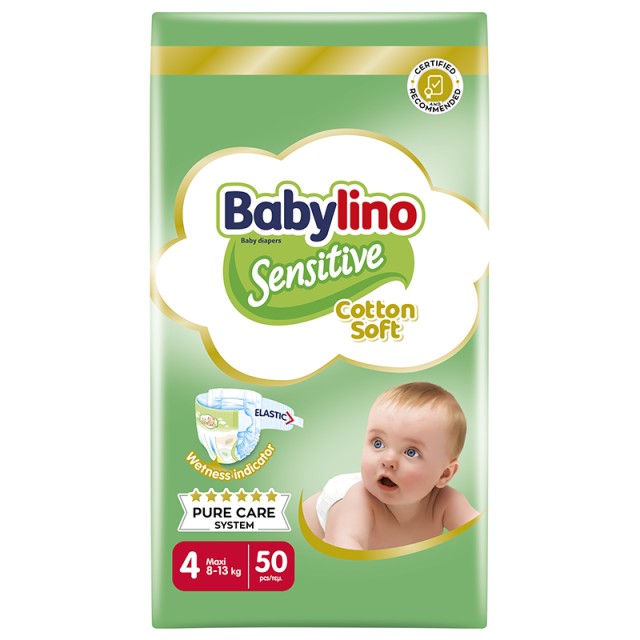 Βρεφική πάνα Babylino Sensitive Cotton Soft No4 8-13 Kg Value Pack 50τμχ