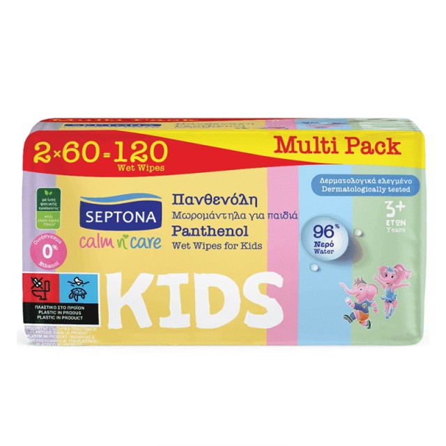 Septona Calm n Care Kids Panthenol, Μωρομάντηλα Calm Πανθενόλη, 2x60τεμ
