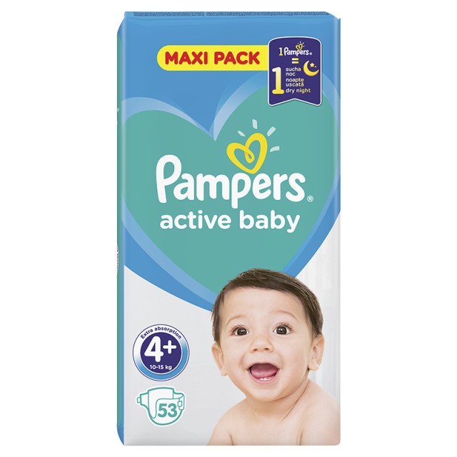 Pampers Active Baby, Βρεφικές Πάνες Νο4+ (10-15kg), 53τμχ, MAXI PACK