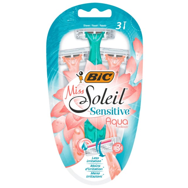 Bic Miss Soleil Aqua Γυναικεία Ξυραφάκια Σώματος μιας Χρήσης με 3 Λεπίδες & Λιπαντική Ταινία για Ευαίσθητες Επιδερμίδες, 3τεμ.